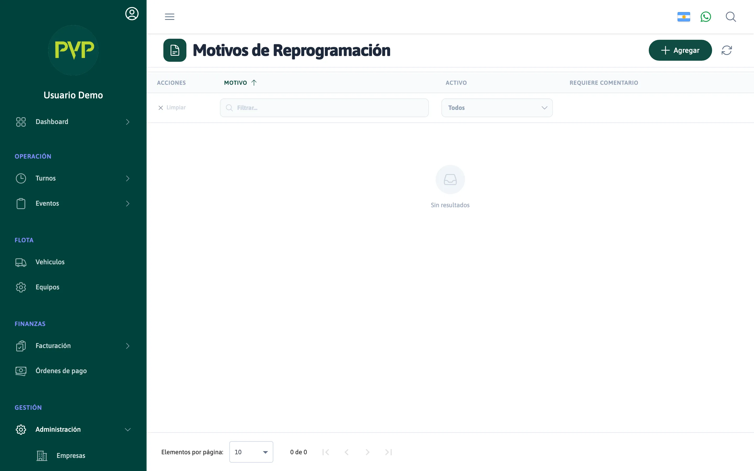 Motivos de reprogramación en el backoffice de PVP