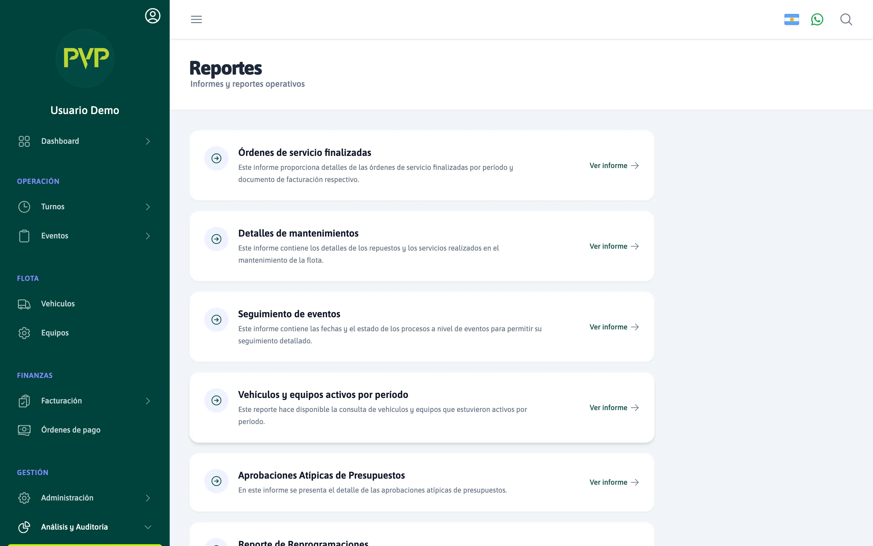 Catálogo de reportes en el backoffice de PVP