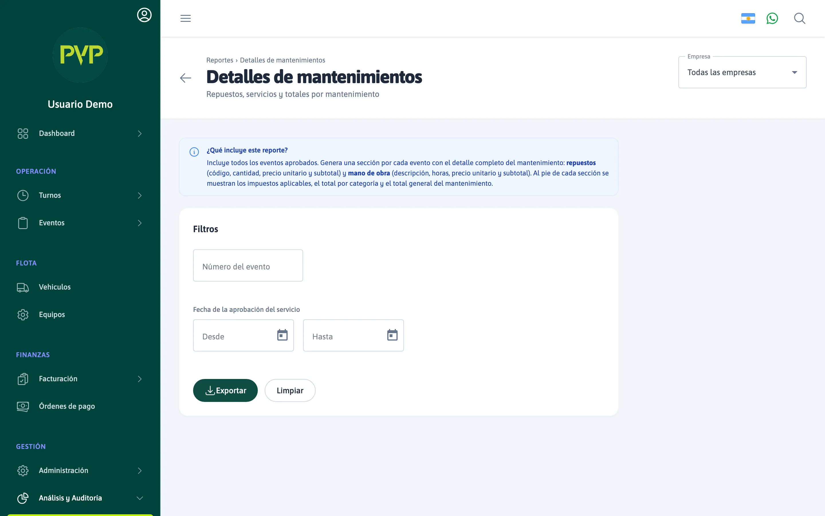 Reporte — Detalles de mantenimientos