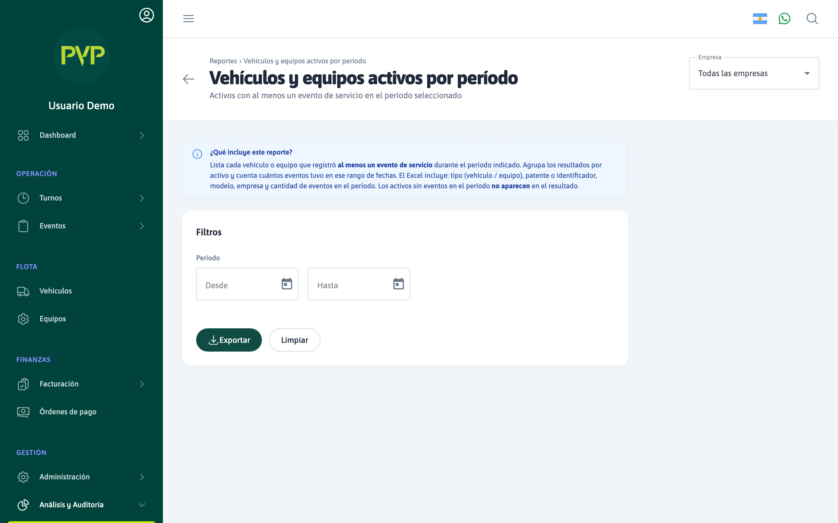 Reporte — Vehículos y equipos activos por período